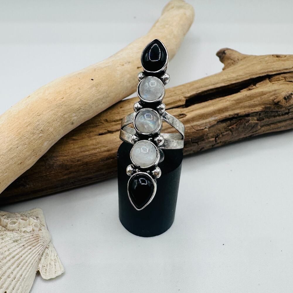 Moonstone & Onyx Sterling Silver Plated Statement Ring Size 6